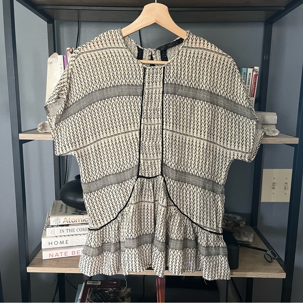 Zara Trafaluc Tribal Boho cream and black blouse size small